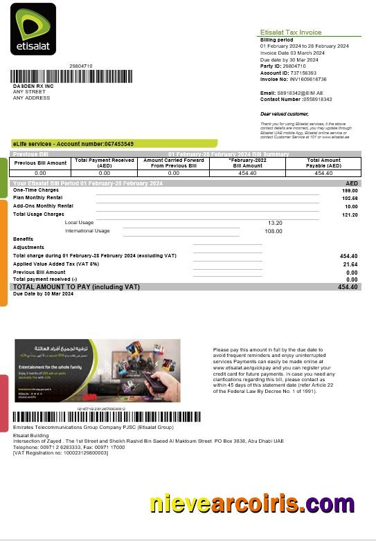 UAE Etisalat business utility bill
